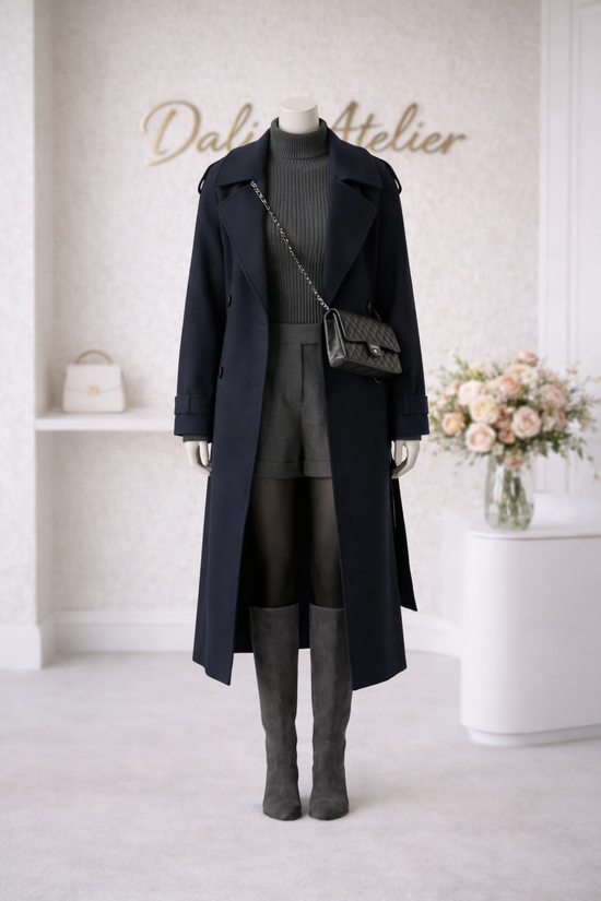 Abrigo largo negro elegante con cinturón para mujer, abrigo de lana de gran tamaño con solapa y doble botón