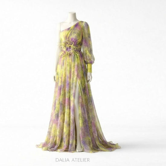 Amelie Vestido Maxi Asimétrico de Un Hombro con Estampado Artístico