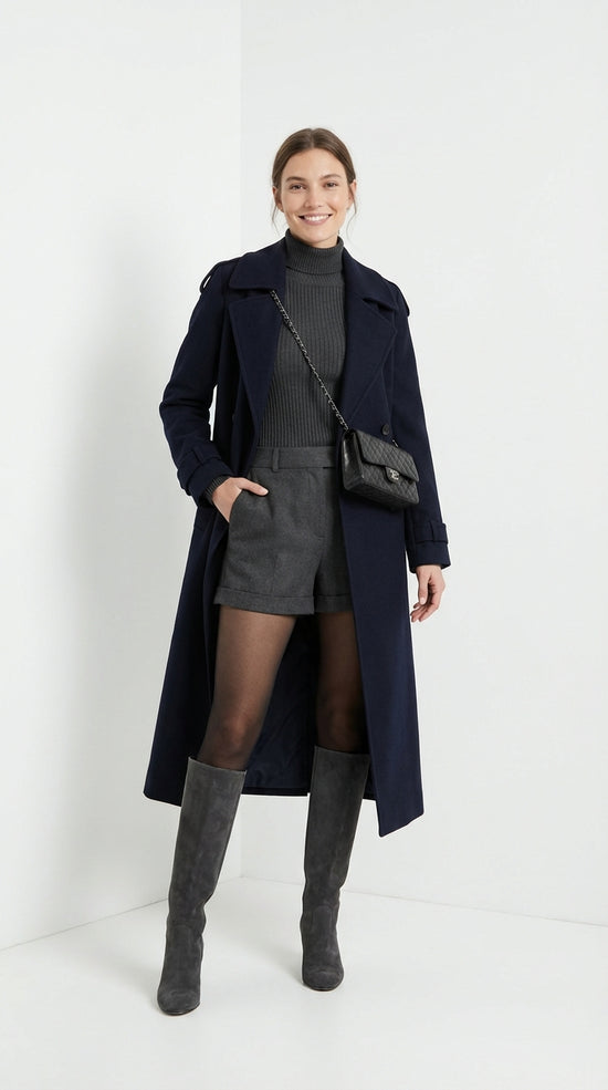 Abrigo largo negro elegante con cinturón para mujer, abrigo de lana de gran tamaño con solapa y doble botón