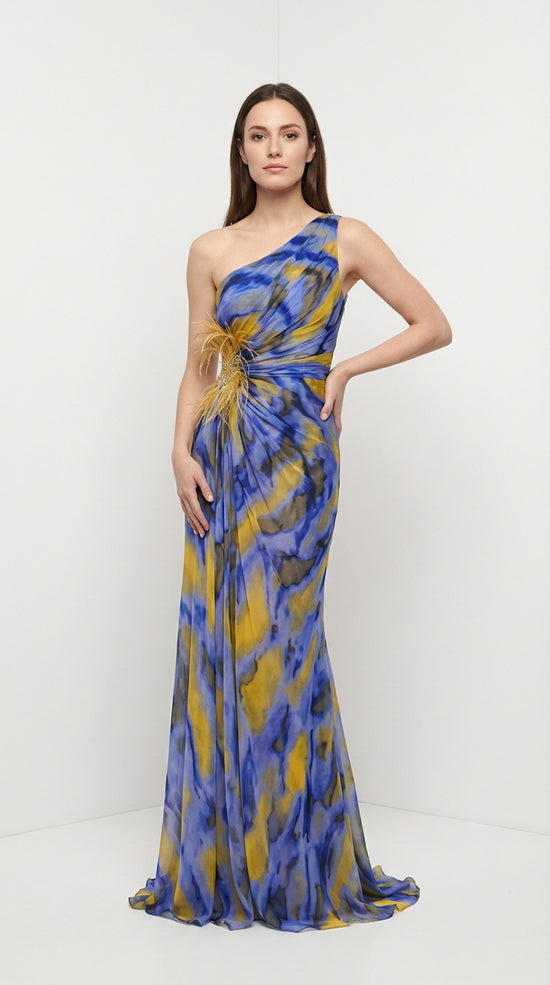 Aylin Vestido Maxi Asimétrico con Estampado Vibrante