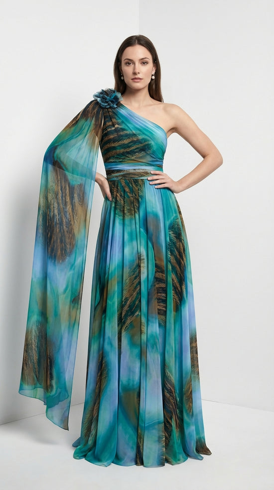 Cedara Vestido Largo de Un Hombro con Detalle Floral