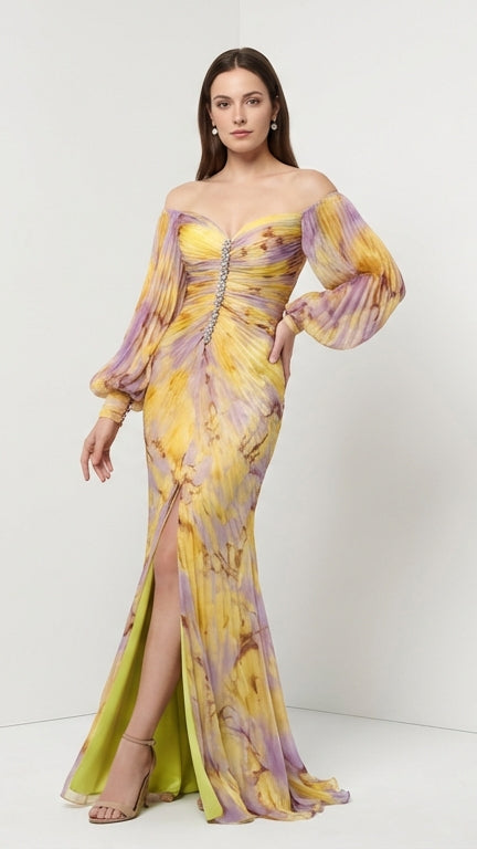 Quintessa Vestido Maxi Plisado con Mangas Largas y Estampado Vibrante