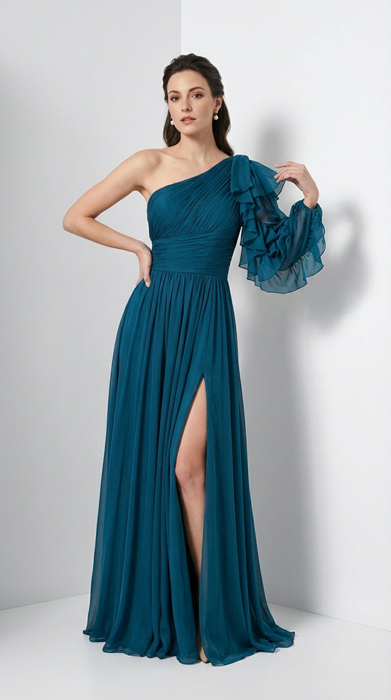 Bethania Vestido Maxí Elegante de Rayas con Un Solo Hombro