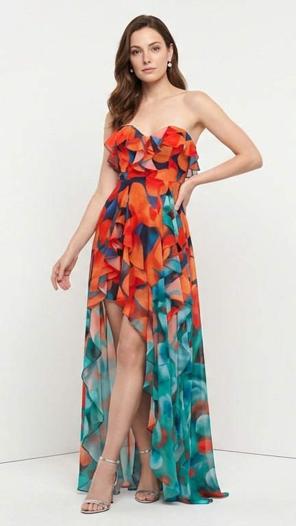 Andy Vestido Maxi Sin Mangas con Capas de Volantes y Abertura Gradiente