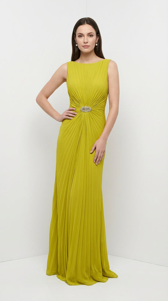 Shiloh Vestido Maxi Plisado con Abertura Lateral y Escote Cruzado