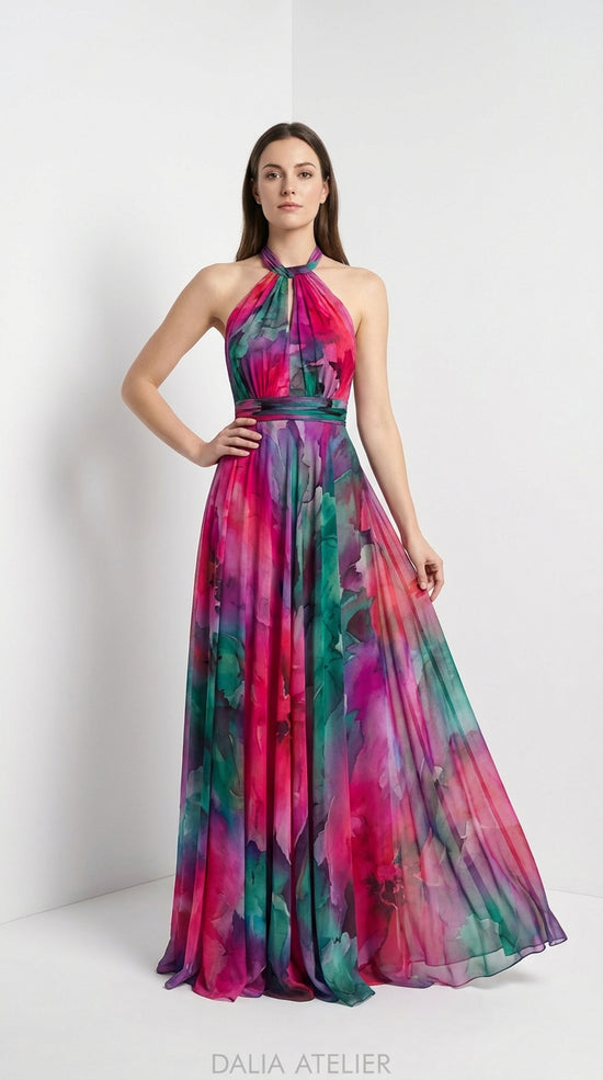 Caprice Vestido Maxi de Gasa con Estampado Floral y Cuello Halter