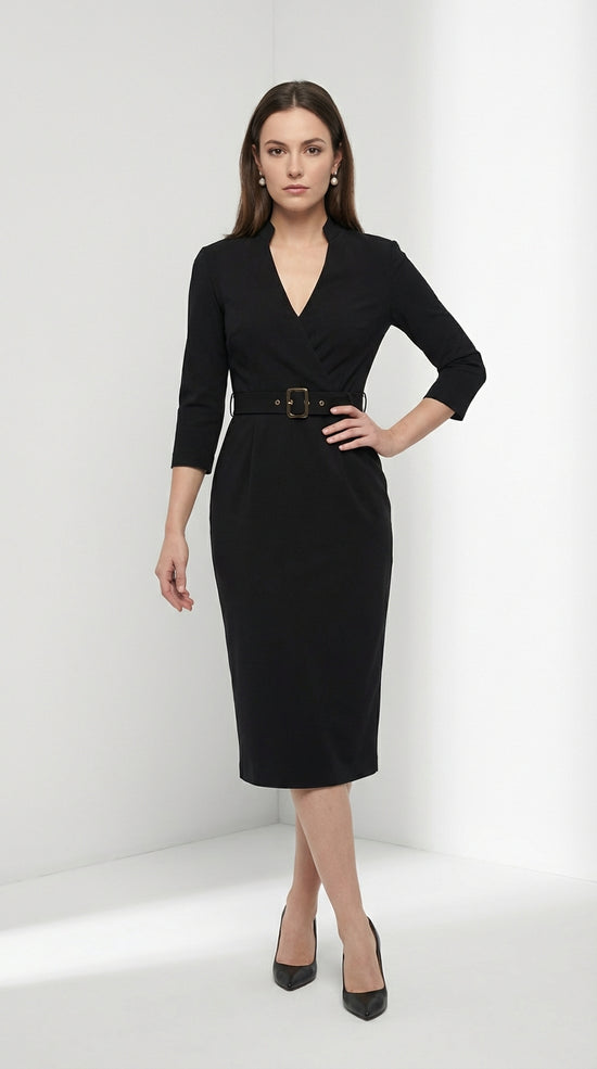 Marina | Vestido negro refinado con cinturón y cuello mandarín
