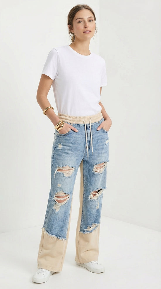 Pantalones anchos de mezclilla con cordón elástico y patchwork