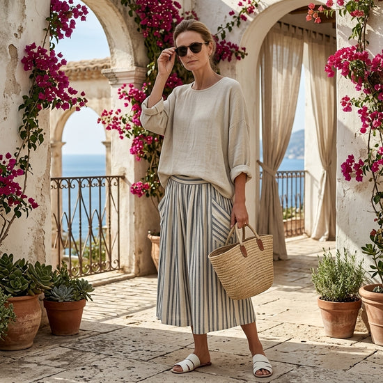 Aurora – blusa cómoda y falda midi a rayas
