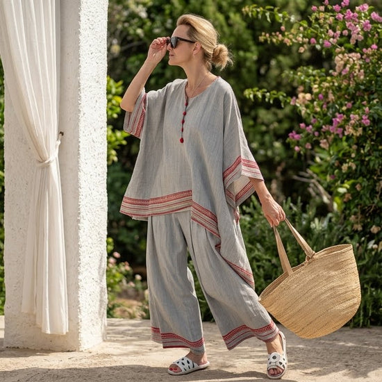 Rossella – Blusa asimétrica refinada con pantalones étnicos de pierna ancha