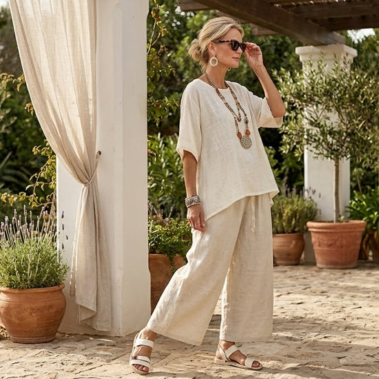 Beatrice – Camisa cómoda y esencial, combinada con pantalones de pierna ancha